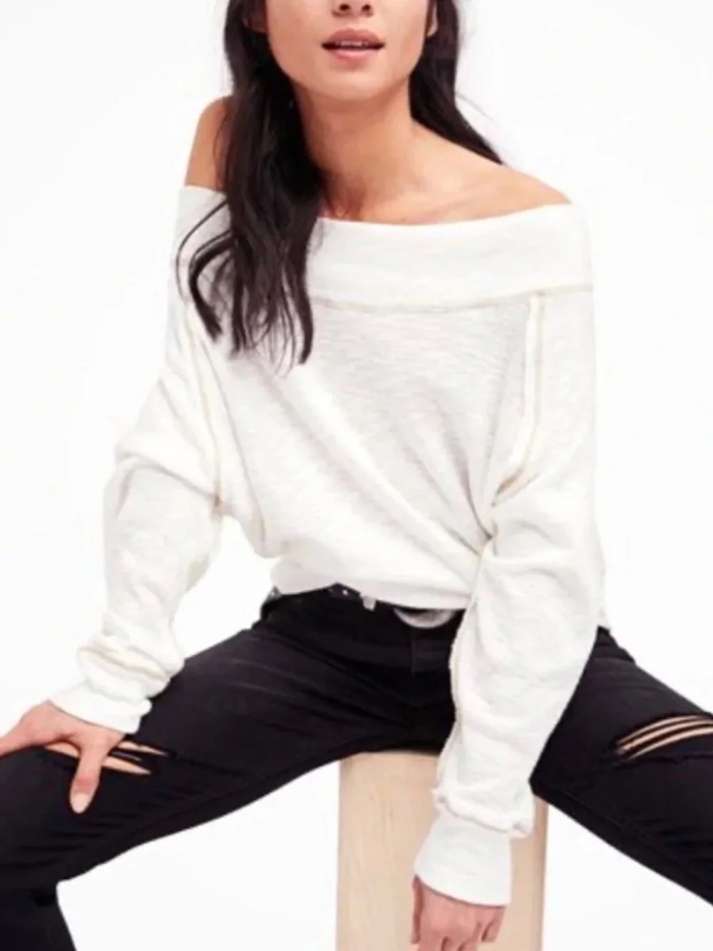 Free People We The Free Palisades Off Shoulder Thermal Sweater Top Ivory Size XS